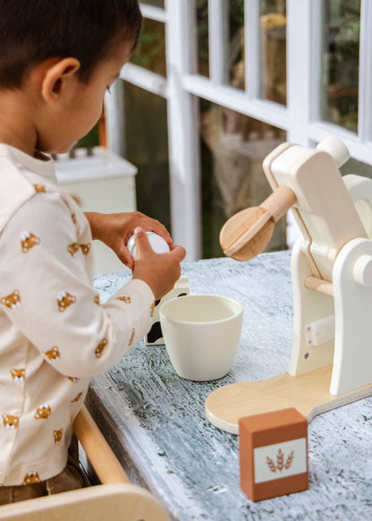 Wooden stand mixer styled for pretend baking play