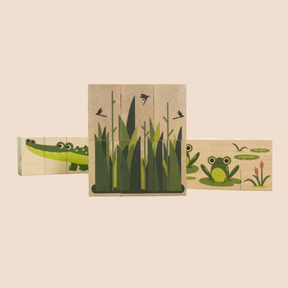 Wooden Animal Puzzle – Swamp Blocks Alligator & Frog – Nature Peg Puzzle Toy – Ages 2+
