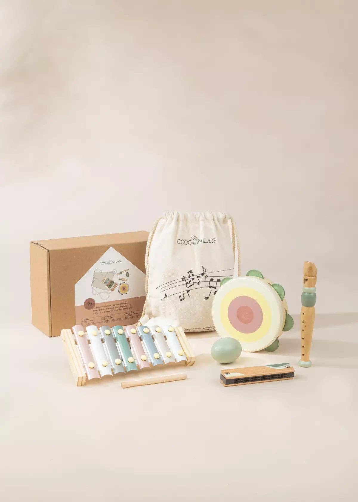 Wooden musical instruments playset for toddlers - full set view