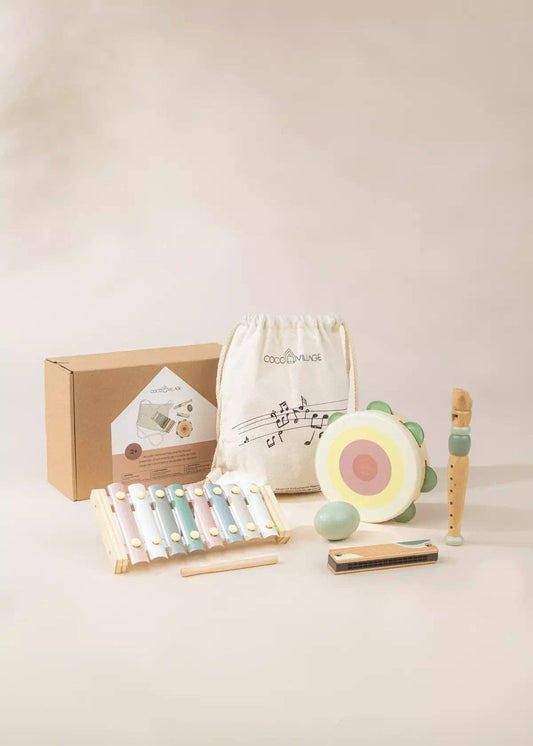 Wooden musical instruments playset for toddlers - full set view