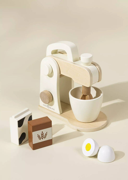 Wooden toy stand mixer with milk carton, flour carton, and egg accessories