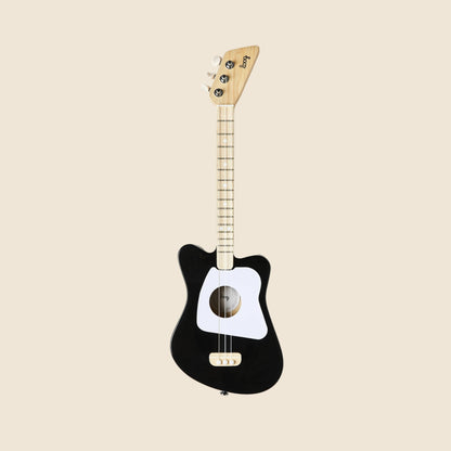 Loog Mini Acoustic Guitar for kids, black 3-string beginner guitar with wooden neck on neutral background
