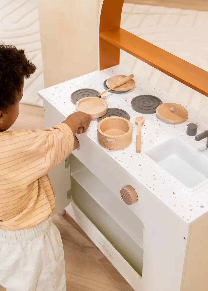 Wooden Pots & Pans Playset for Kids (6 Pieces) | Pretend Kitchen Toy