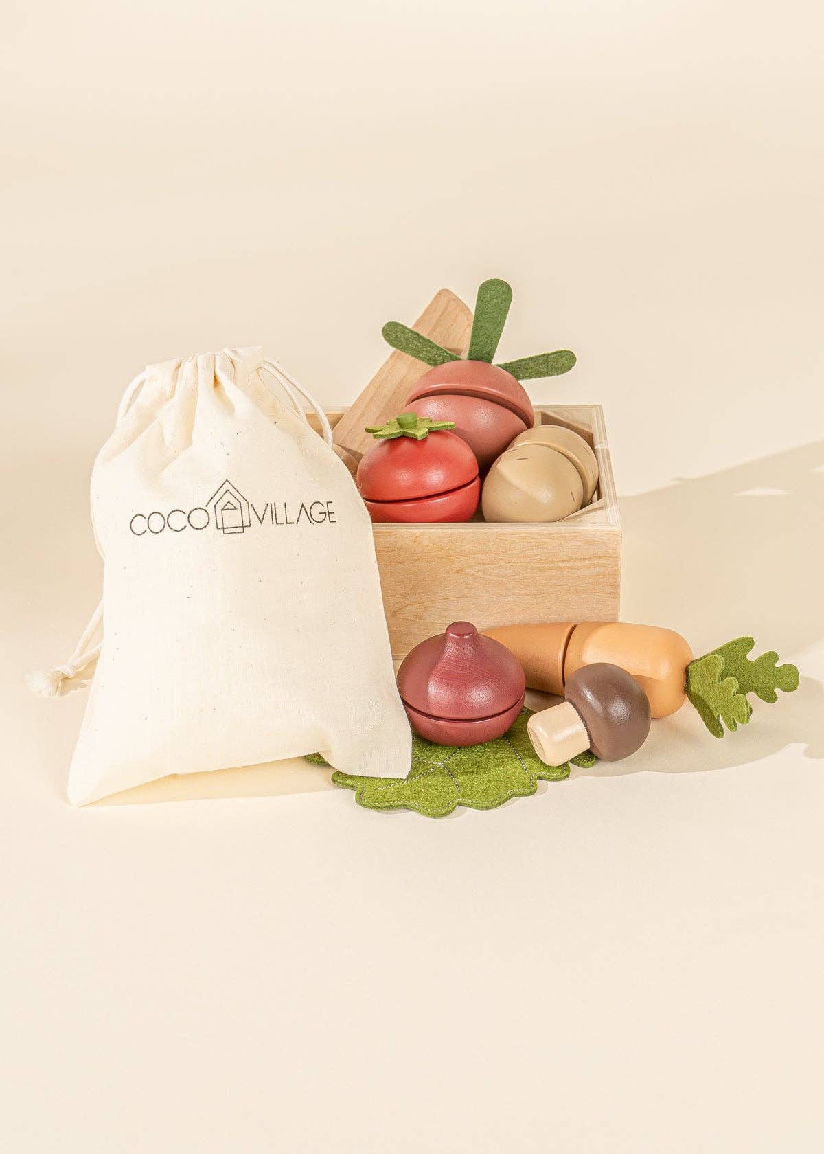 Coco Village wooden vegetable play food – knife and board lifestyle shot