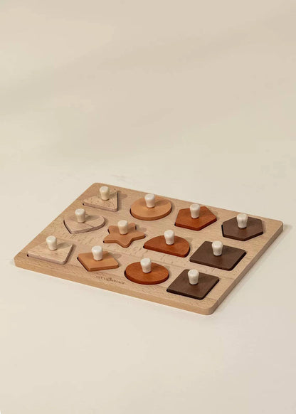 Wooden shapes puzzle pieces separated and displayed