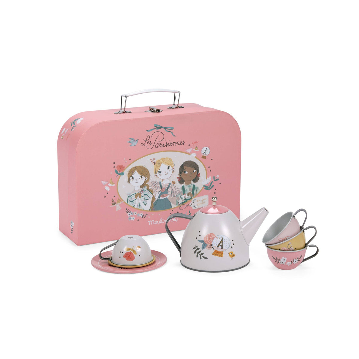 Moulin Roty Parisiennes metal tea party set in a pastel Paris-illustrated suitcase