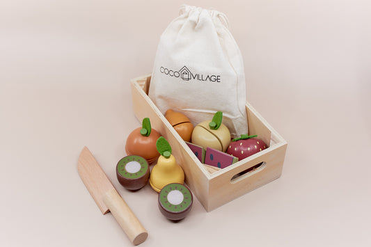 Wooden Fruits Playset – Sliceable Pretend Play Food & Basket Toy
